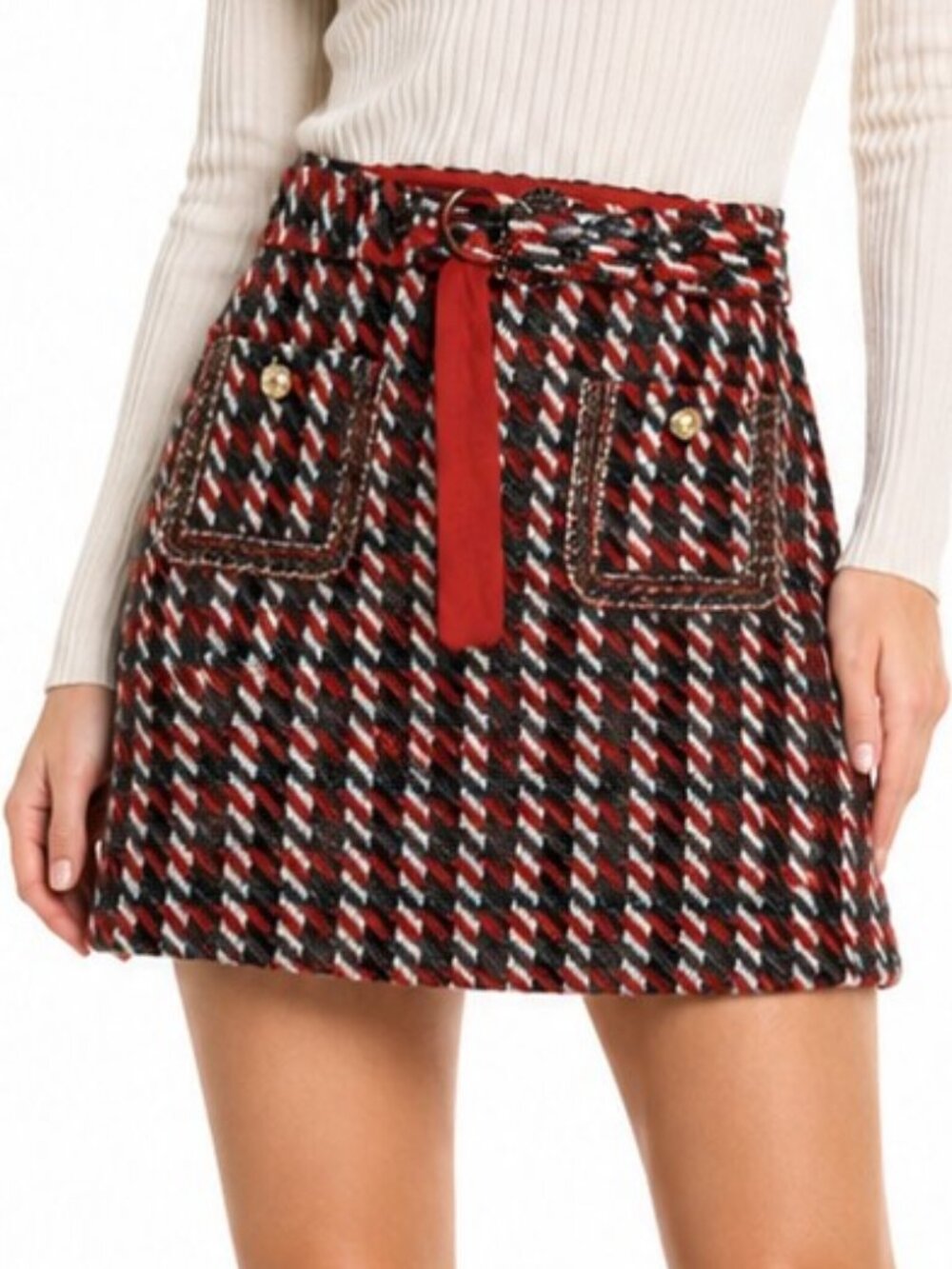 Classic Tweed Mini Skirt Belted Pearl Accent Red Black White Sz XL
